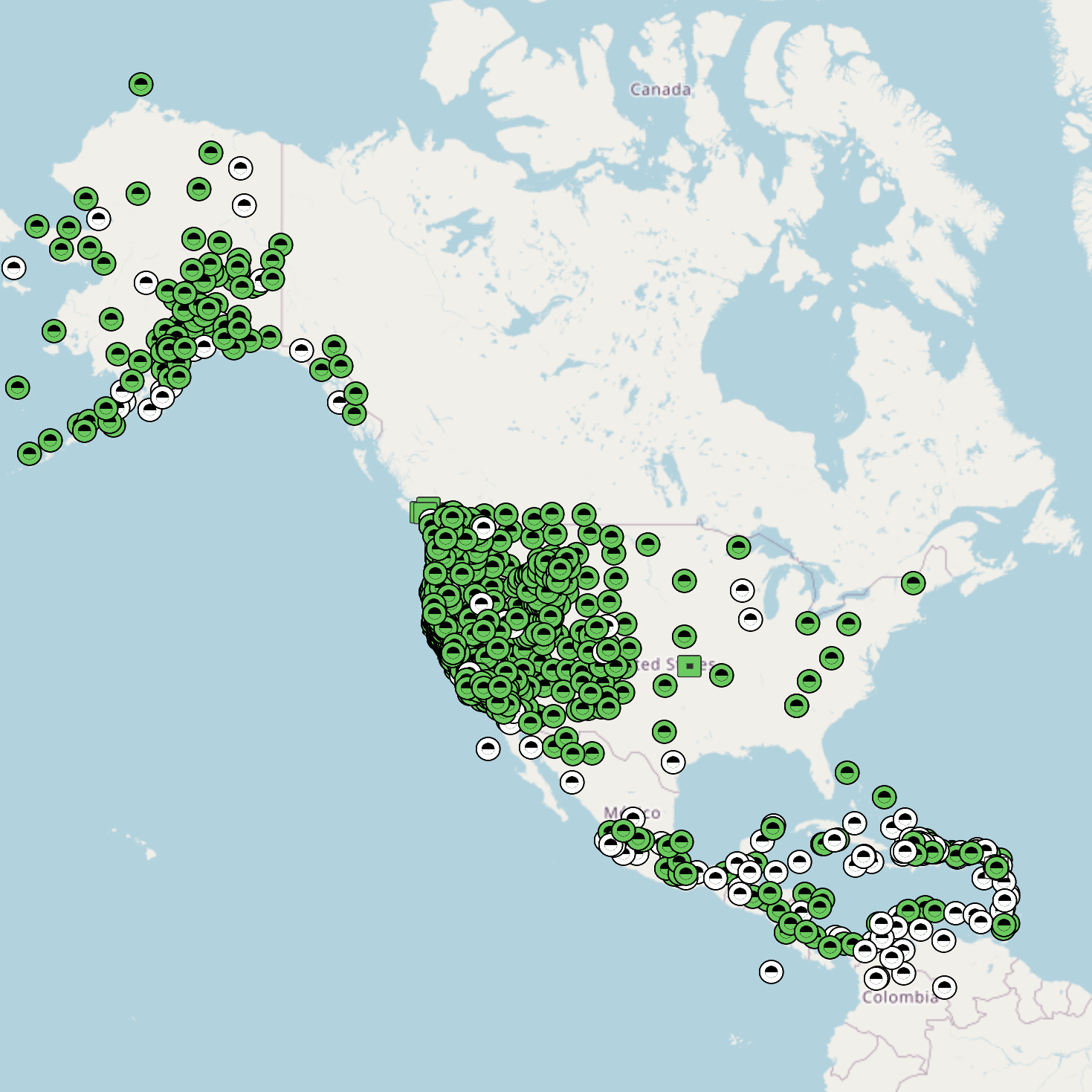 screenshot of map showing stations in North and Central America