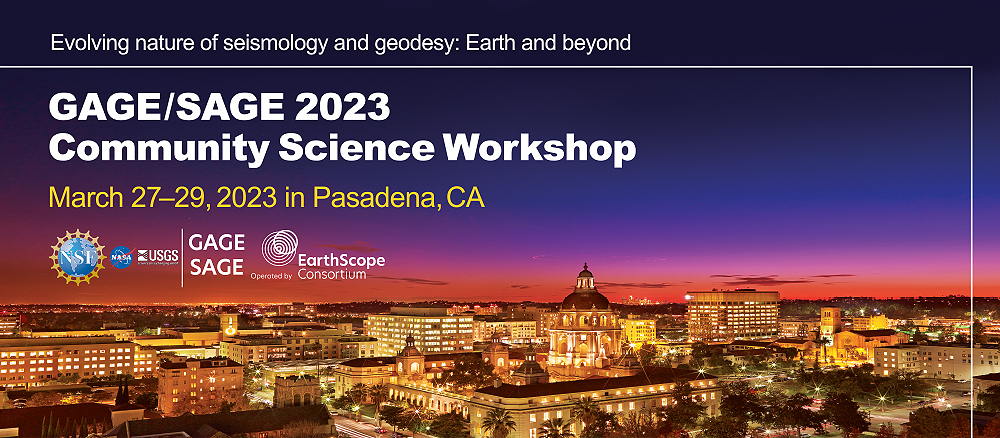 event banner reads: GAGE/SAGE 2023 Community Science Workshop, March 27-29, 2023 in Pasadena, CA