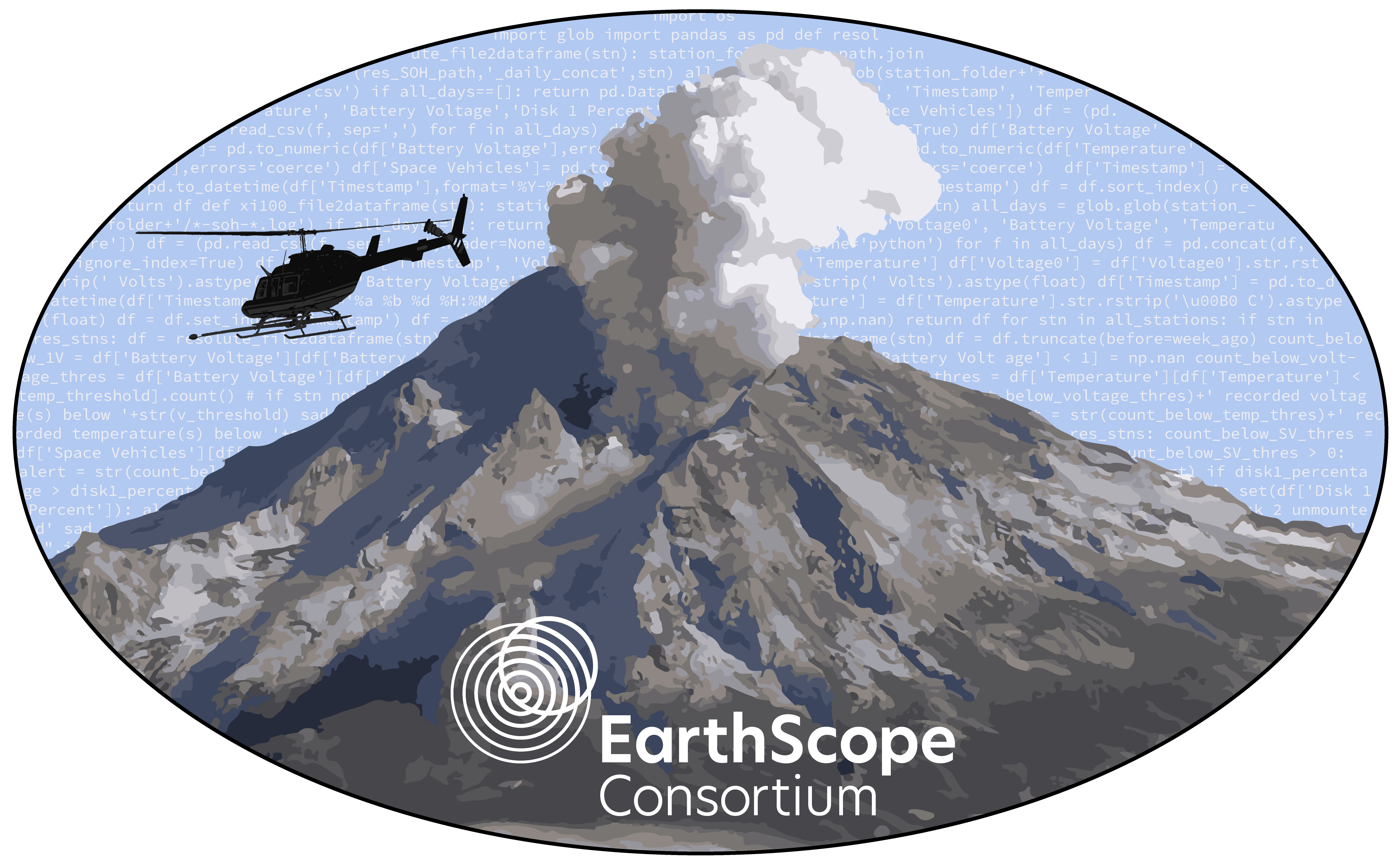 oval EarthScope sticker with volcano and helicopter against background of code