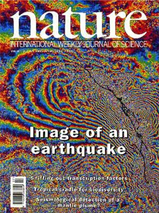 cover of the journal Nature with interferogram and text "Image of an earthquake"