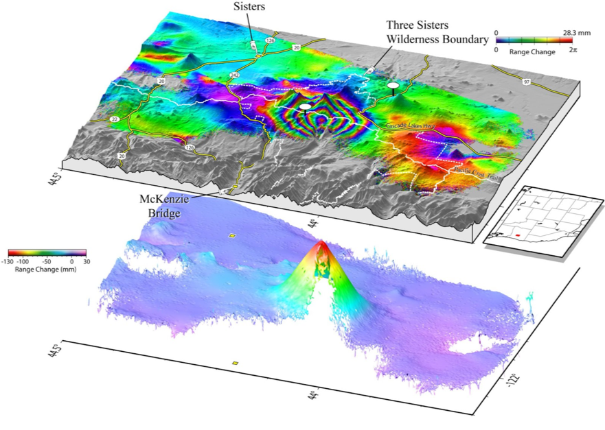 diagram of interferogram map on an upper layer and 3D deformation image underneath for Three Sisters volcano