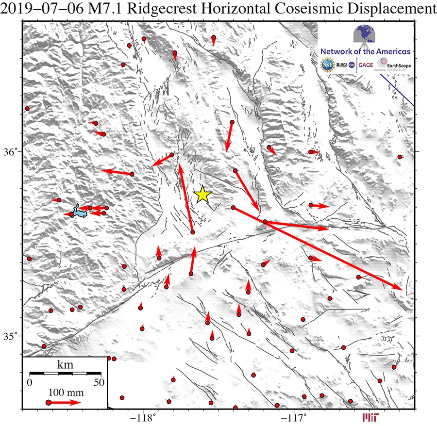 map showing stations around 2019 Ridgecrest earthquake with arrows showing motion of each station