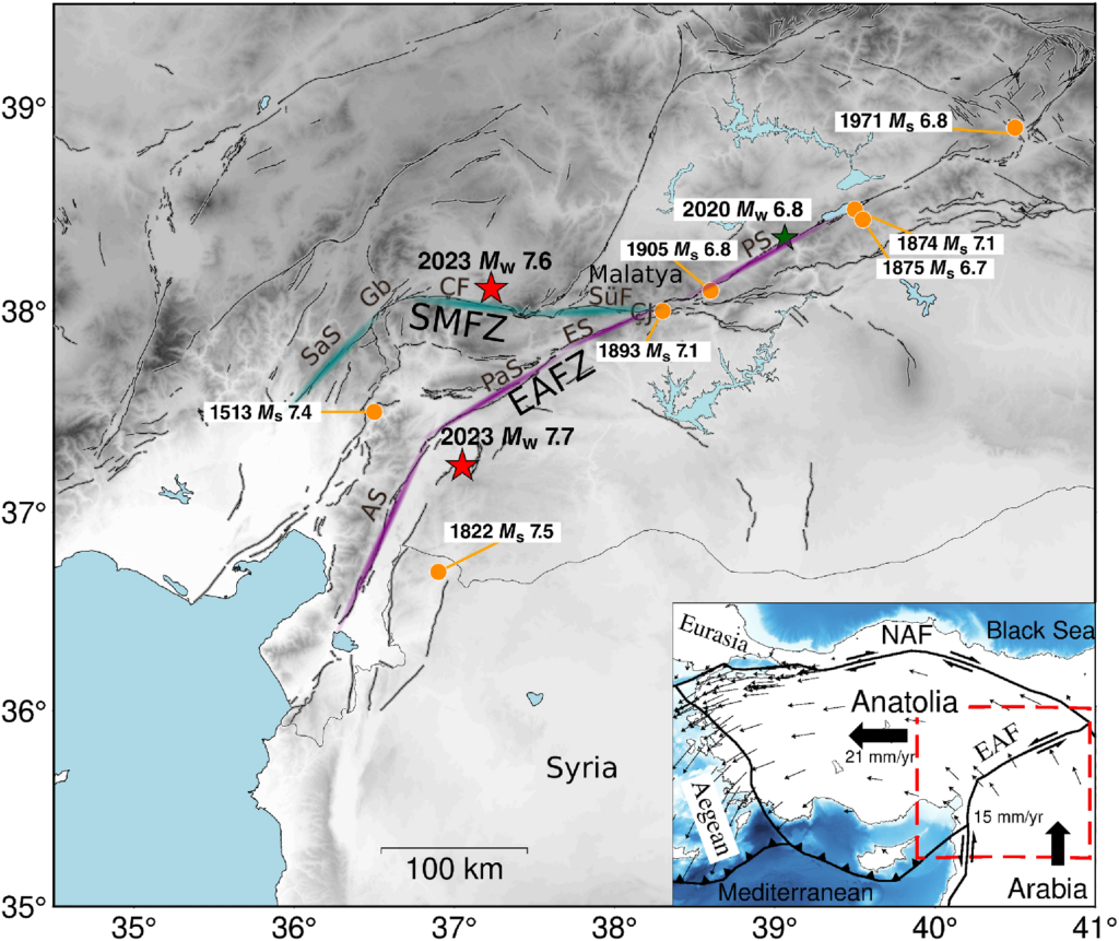 Map of research area showing the fault zones, two mainshocks, historical earthquakes, and plate boundaries. This map shows the study region with the fault systems labeled SMFZ and EAFZ. In the bottom right hand corner are the fault systems in relation to the plate boundaries. This research study estimated the two mainshocks at a magnitude 7.7 and 7.6, labeled above with red stars. Syria is oriented at the bottom of the image.