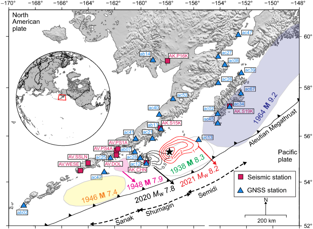 Map of the Aleutian Megathrust zone with GPS stations shown with blue triangles and seismic stations shown with red squares.