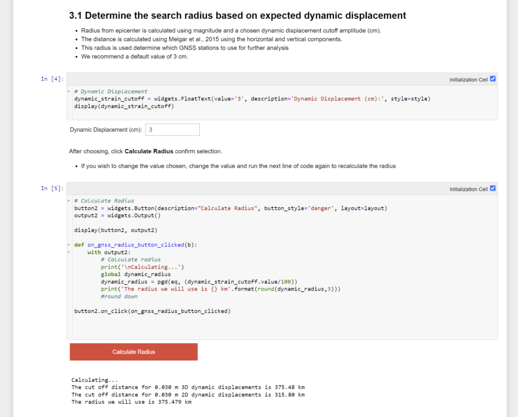 screenshot of Jupyter notebook showing input, code cells, and output calculating the radius around an earthquake where GPS stations should record offset