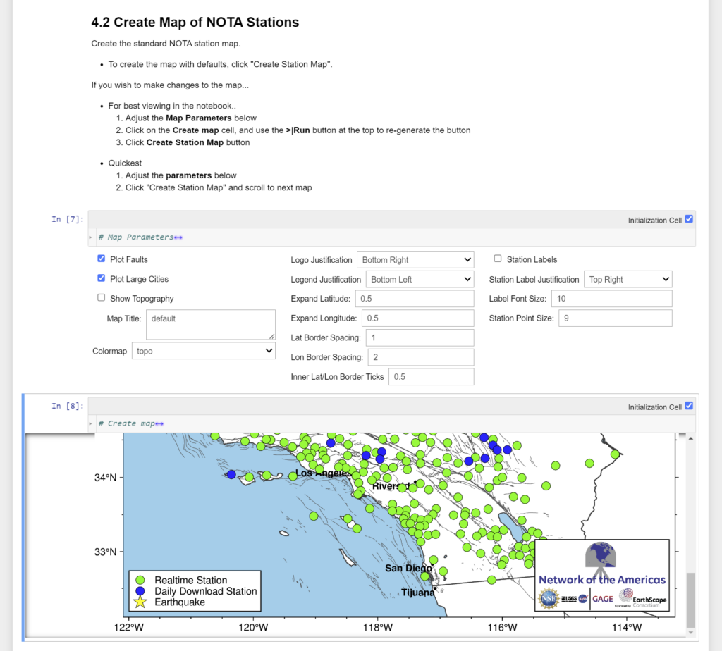 screenshot of a jupyter notebook with input fields for creating a map plotting GPS station locations