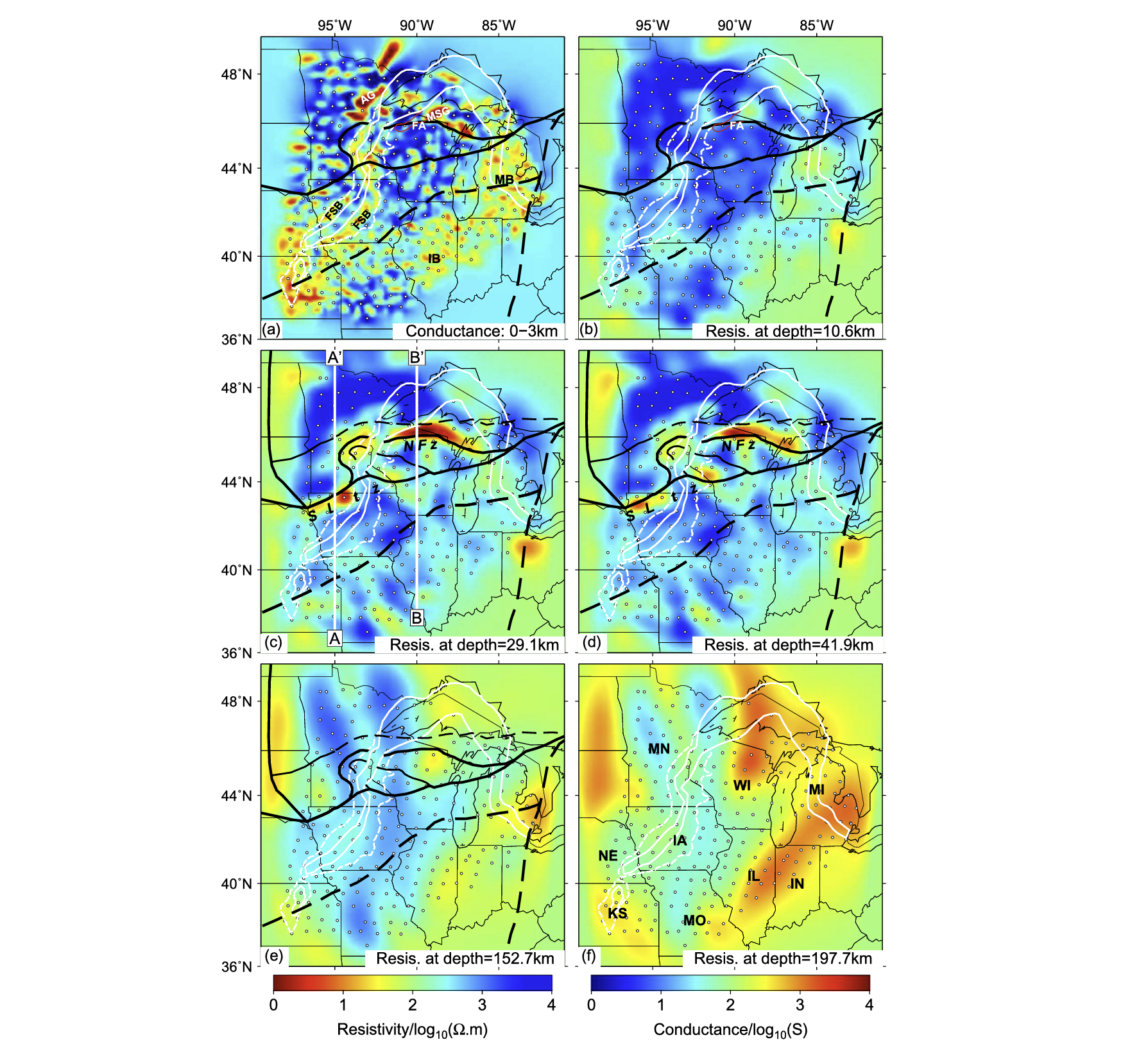 six panel maps showing resistivity at increasing depths