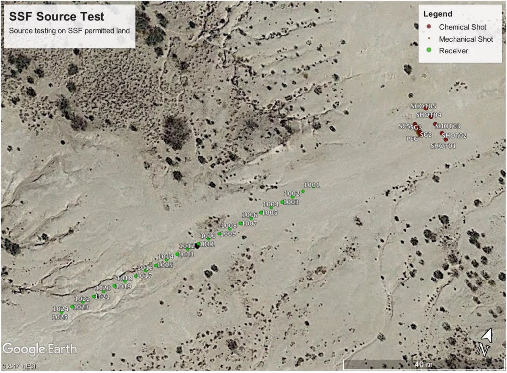 Google Earth map view of a desert area showing shot and receiver locations