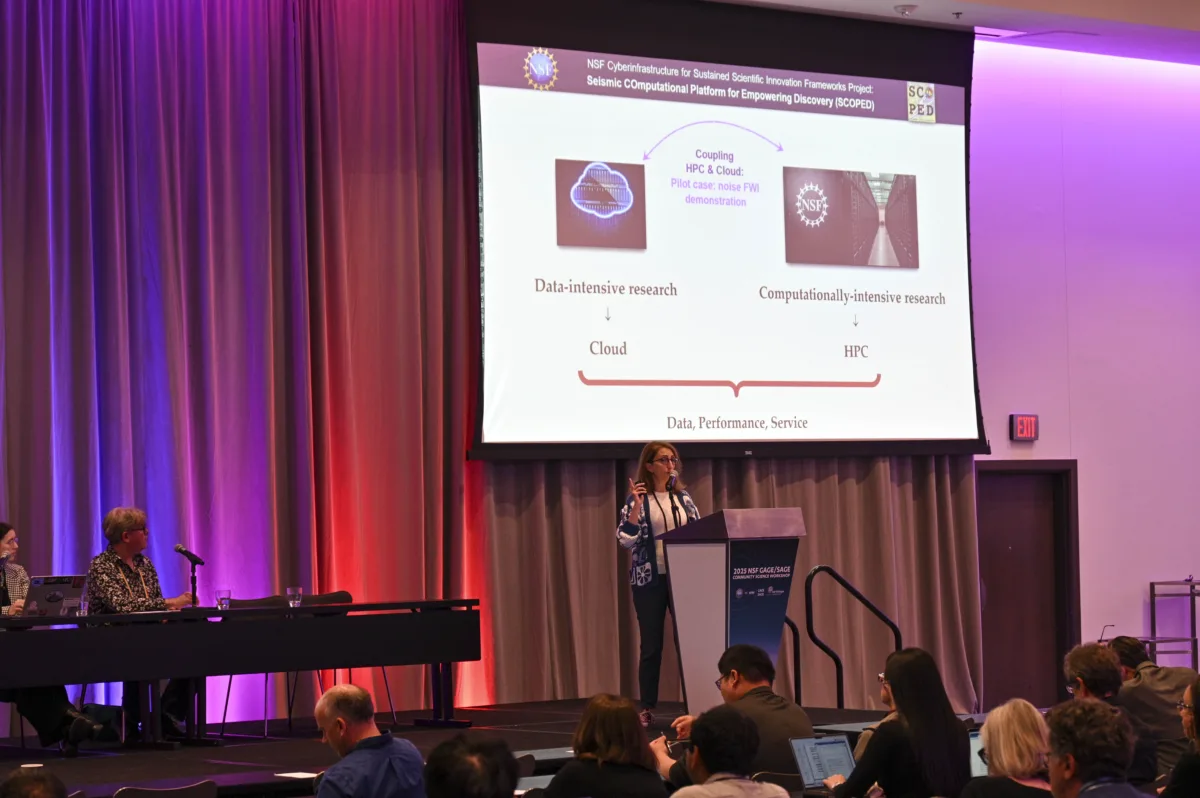A speaker at a lectern with slides on the projector screen behind them.