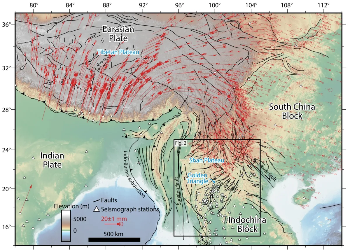 Map of South Asia including plate boundaries and faults.