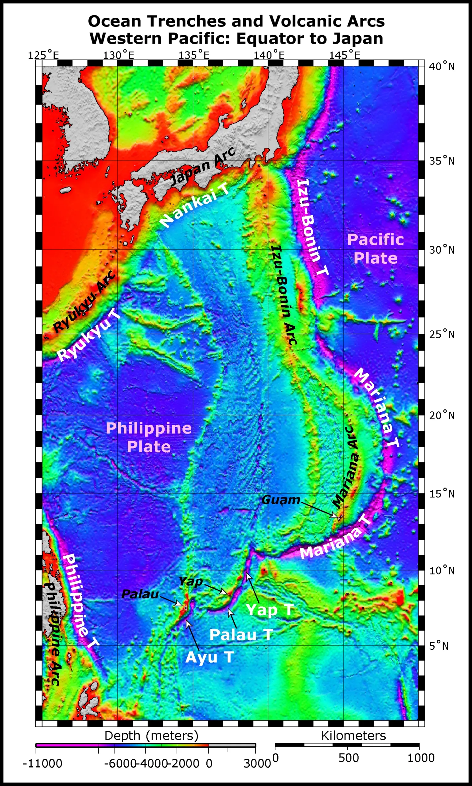 Map showing seafloor bathymetry and the tectonic boundaries from Japan south to the Mariana Trench.
