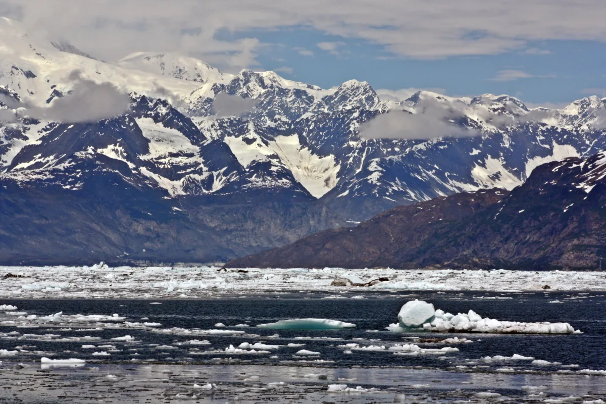 Photo of light sea ice with snow capped mountains on the coast in the distance.