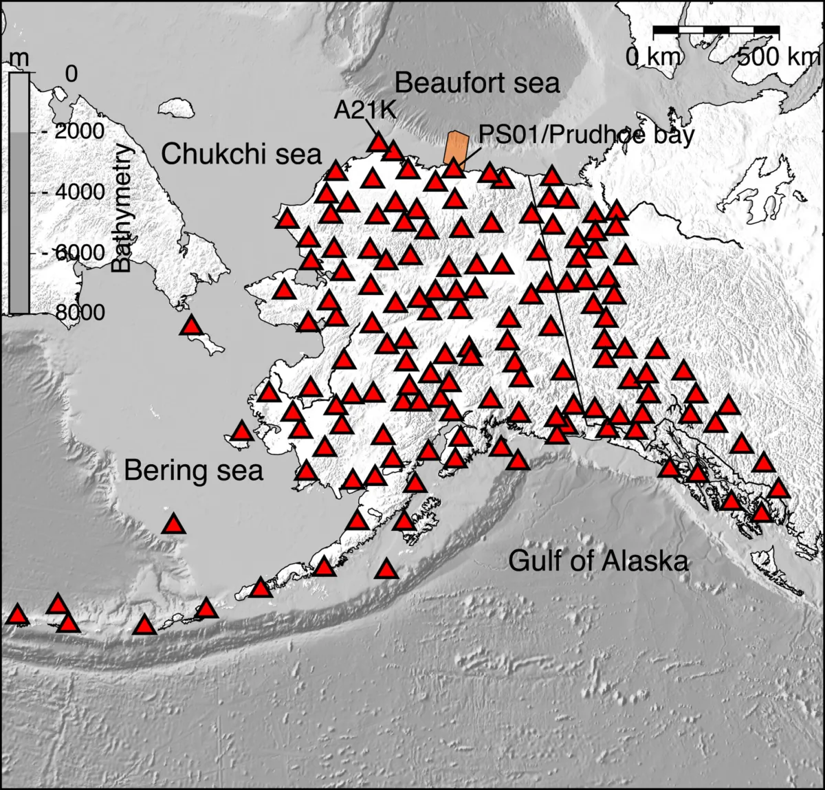 Map of Alaska showing locations of seismic stations, covering the state somewhat evenly.