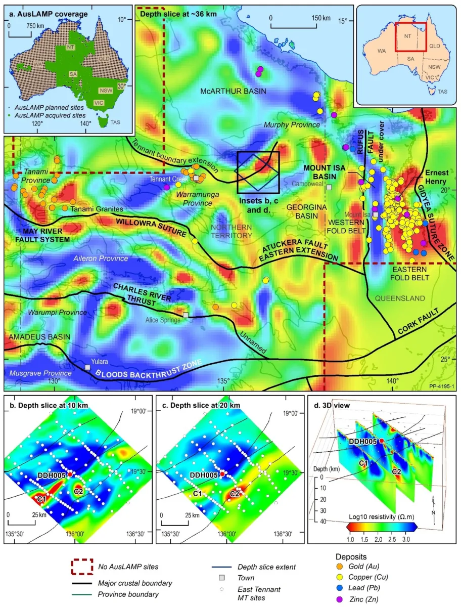 Map with three small depth slice images below it. Resistivity is represented in color. Areas of contrast align with mapped boundaries of geological provinces and marked locations of known gold, copper, lead, and zinc deposits.