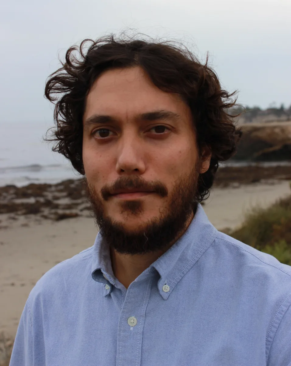 Photo of person with medium-length brown hair and facial hair wearing a blue collared shirt, with a beach in the background.