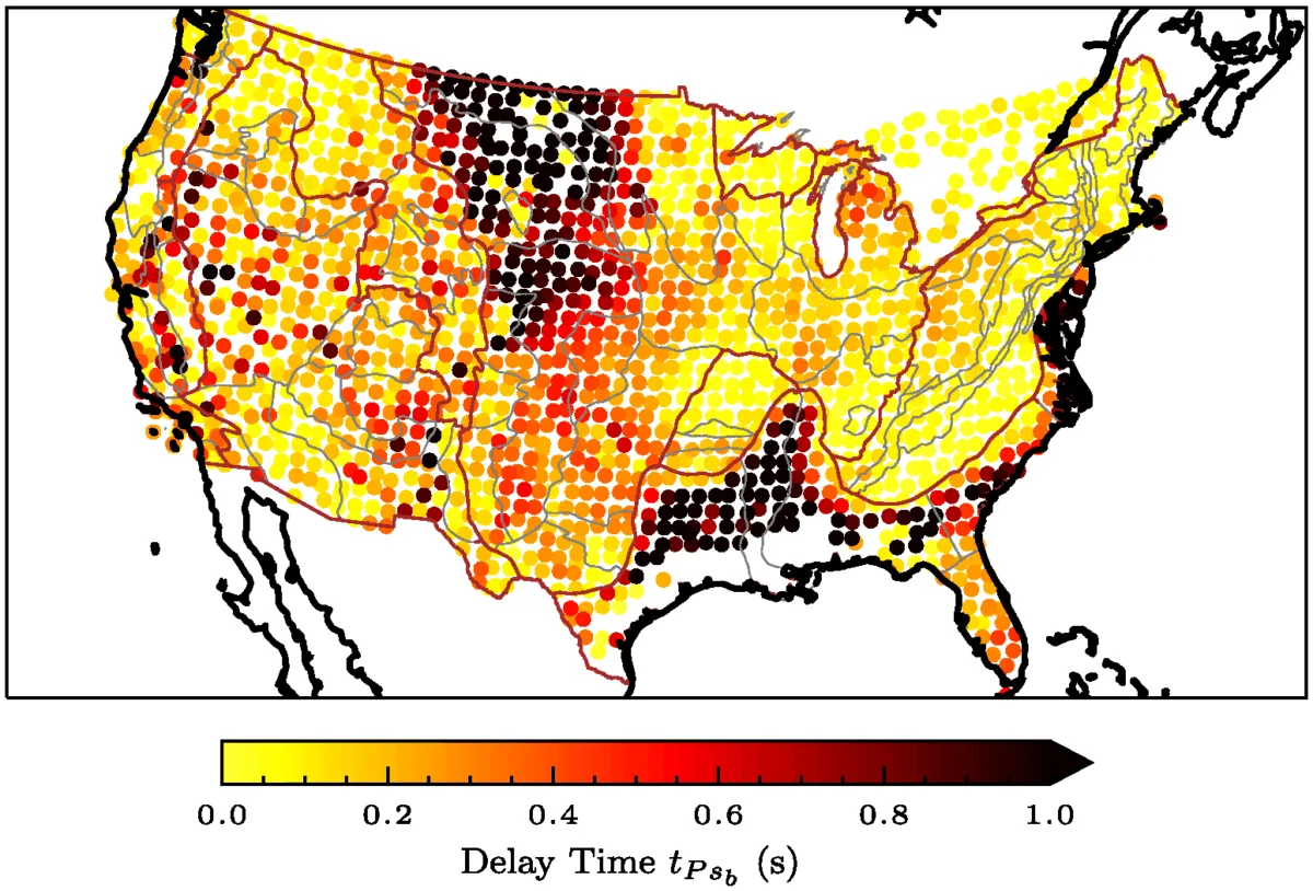 Map of the contiguous U.S. with colored dots representing delay time in each location.