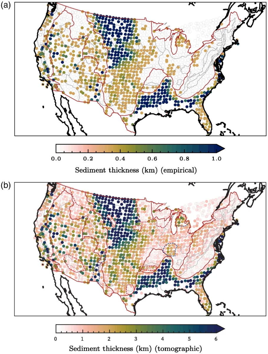 Two maps of the contiguous U.S. with colored dots representing estimated sediment thickness using two different methods.