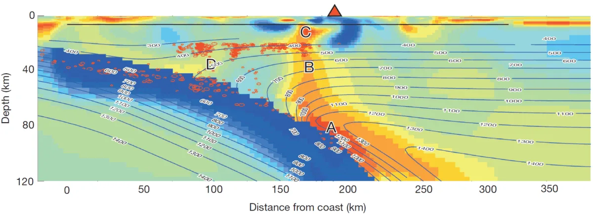 Cross section of subduction zone with warm colors highlight zone of hydration and melt production that leads upward, towards a marker for Mt. Rainier.