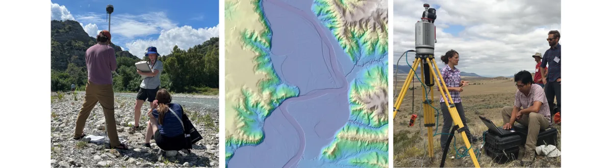 Three images: a photo of three people using a GPS survey instrument near a stream, an image of a topographic model of a river, and a photo of four people using a terrestrial laser scanner.