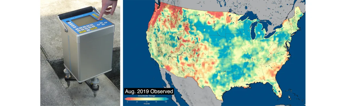Two images: a photo of a box-shaped gravimeter device, and a plot of gravity data across the contiguous United States.