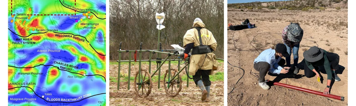 Three images: a map of magnetic data in Australia, and two photos of people using instruments in the field.