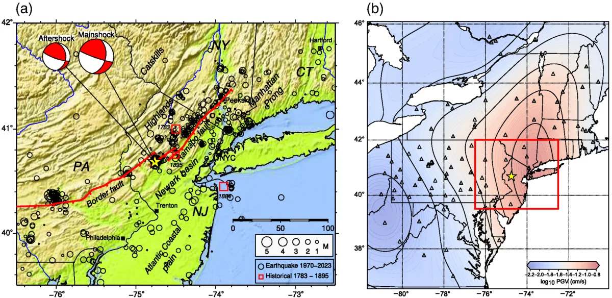 Two maps of the northeast US, one showing earthquake locations and the other showing peak ground velocity with color.
