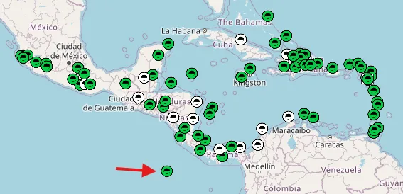Map of NOTA stations in Mexico, Central America, and the Caribbean. An arrow points to the ISCO station off the coast of Costa Rica. 