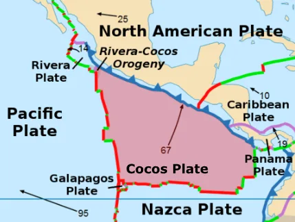 Map of the tectonic plates off of the west coast of Central America. The Cocos plate is highlighted with a convergent boundary along its north edge. 