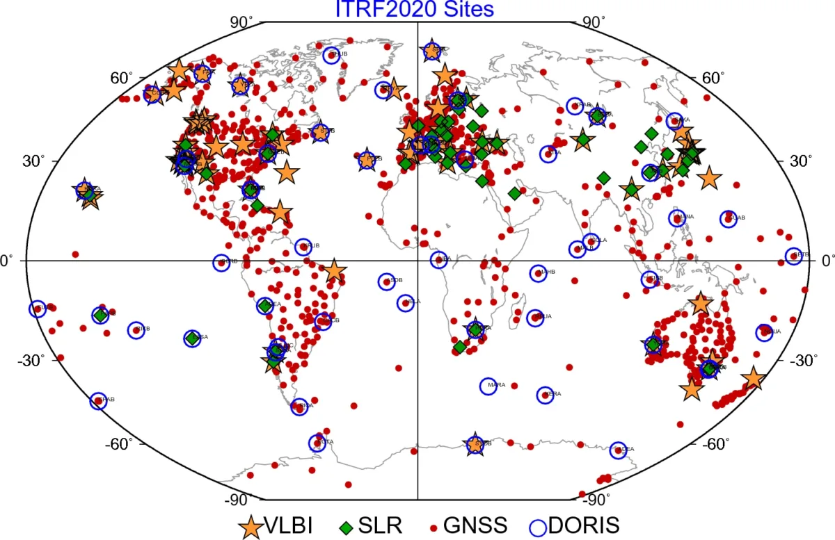 Global map of many stations contributing to the reference frame.
