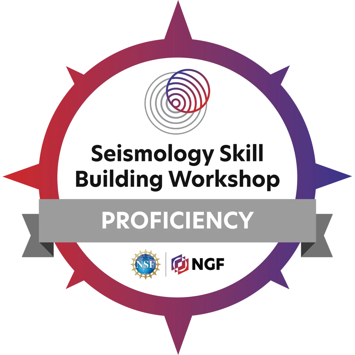 A compass-shaped badge that says "Seismology Skill Building Workshop" with a gray ribbon across it that says "Proficiency".