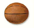 Illustration of a basketball that has been compressed vertically, bulging outward horizontally.