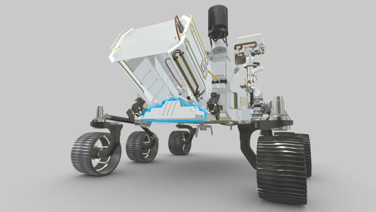 A 3-D model of the Perseverance rover in a slightly angled head-on view. The centered RIMFAX instrument is white in color and highlighted in blue.
