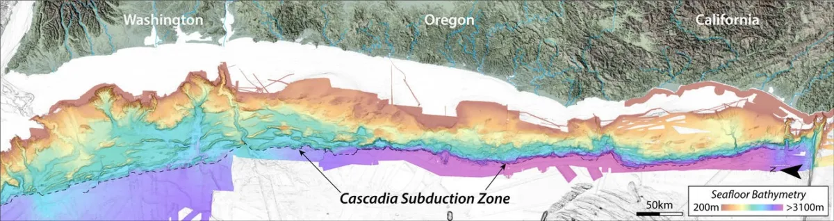 Bathymetric map of Cascadia off the coast of Washington, Oregon, and California. Color represent seafloor bathymetry.
