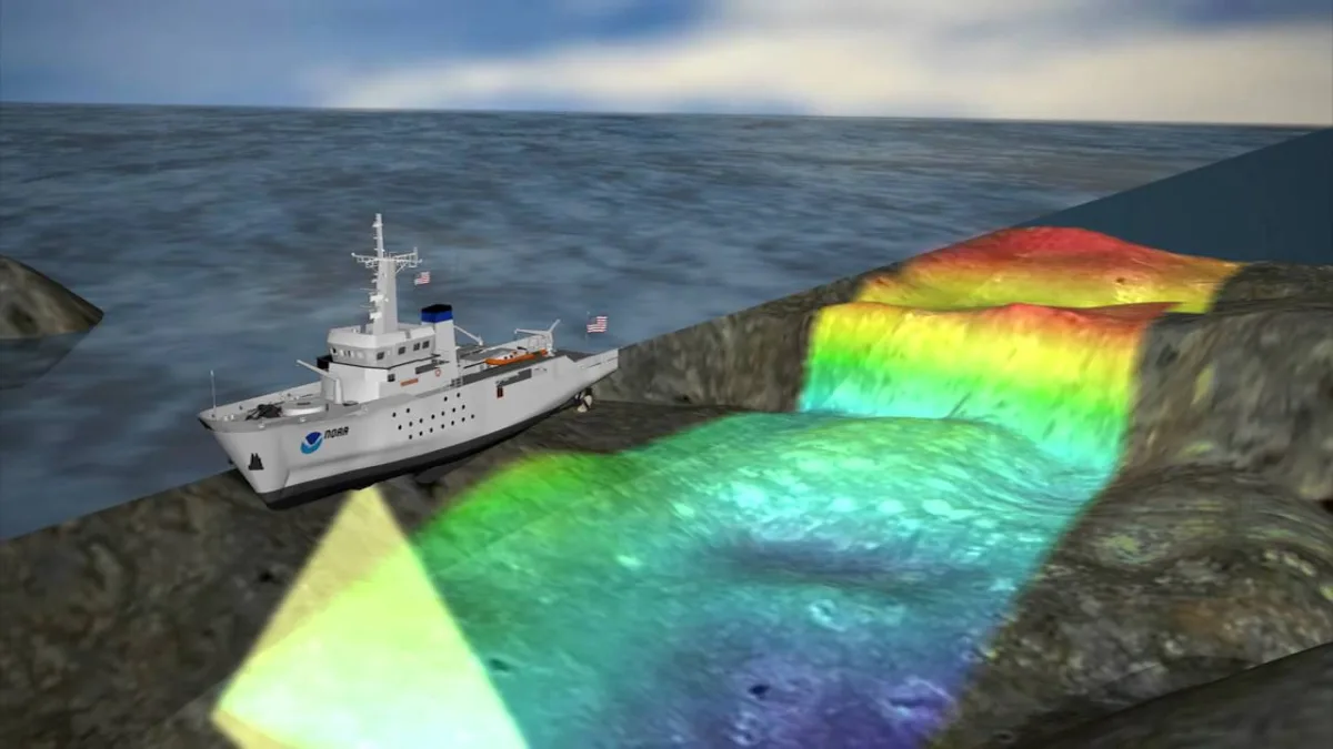 Illustration of a multibeam bathymetry survey. A research vessel sends out sound waves to the seafloor and produces a colorful bathymetric map in its trail.