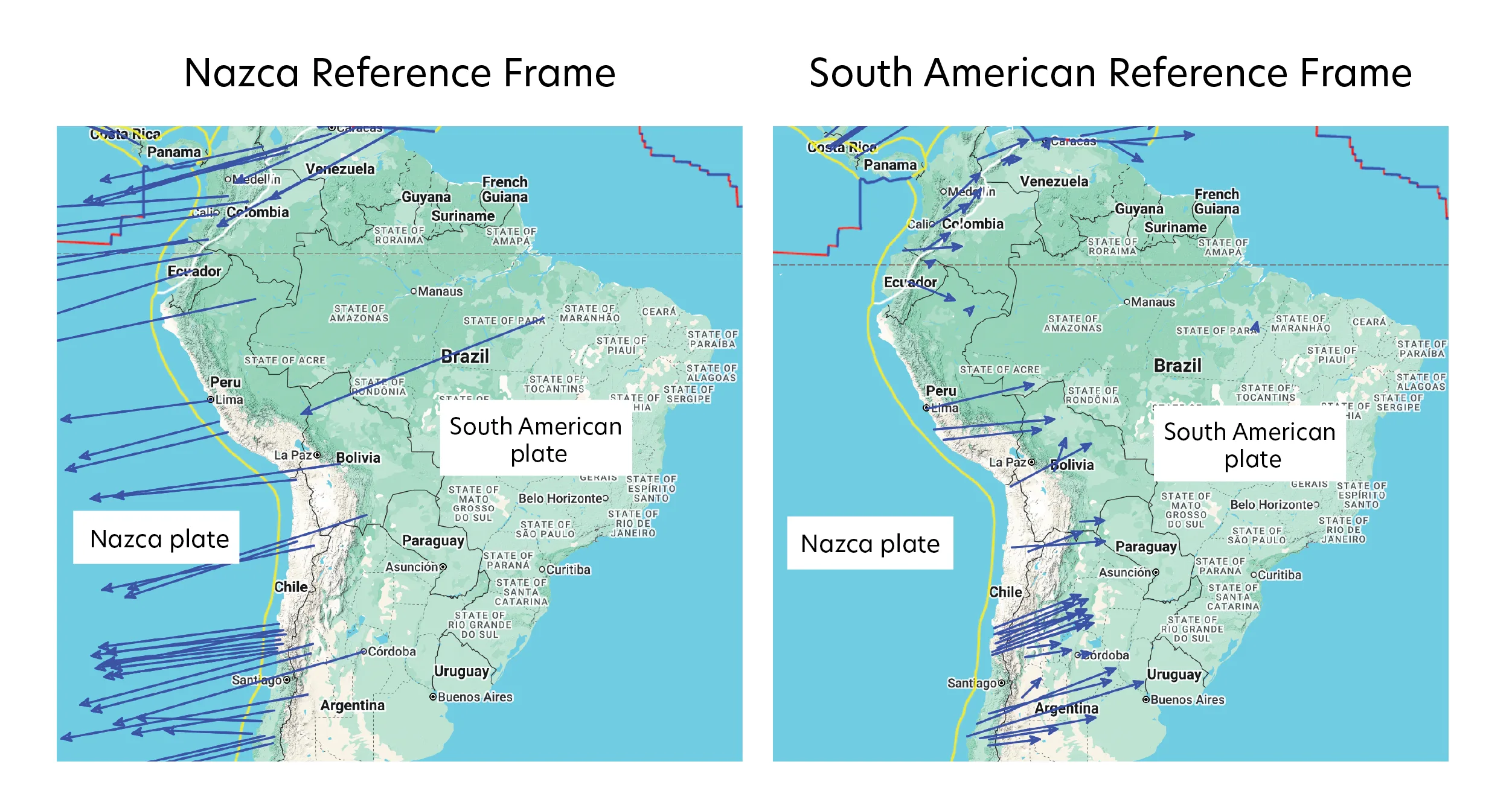 Example showing GPS vector arrows on a map of South America in a Nazca Reference Frame (mostly pointing southwest) and South American Reference Frame (mostly pointing northwest).