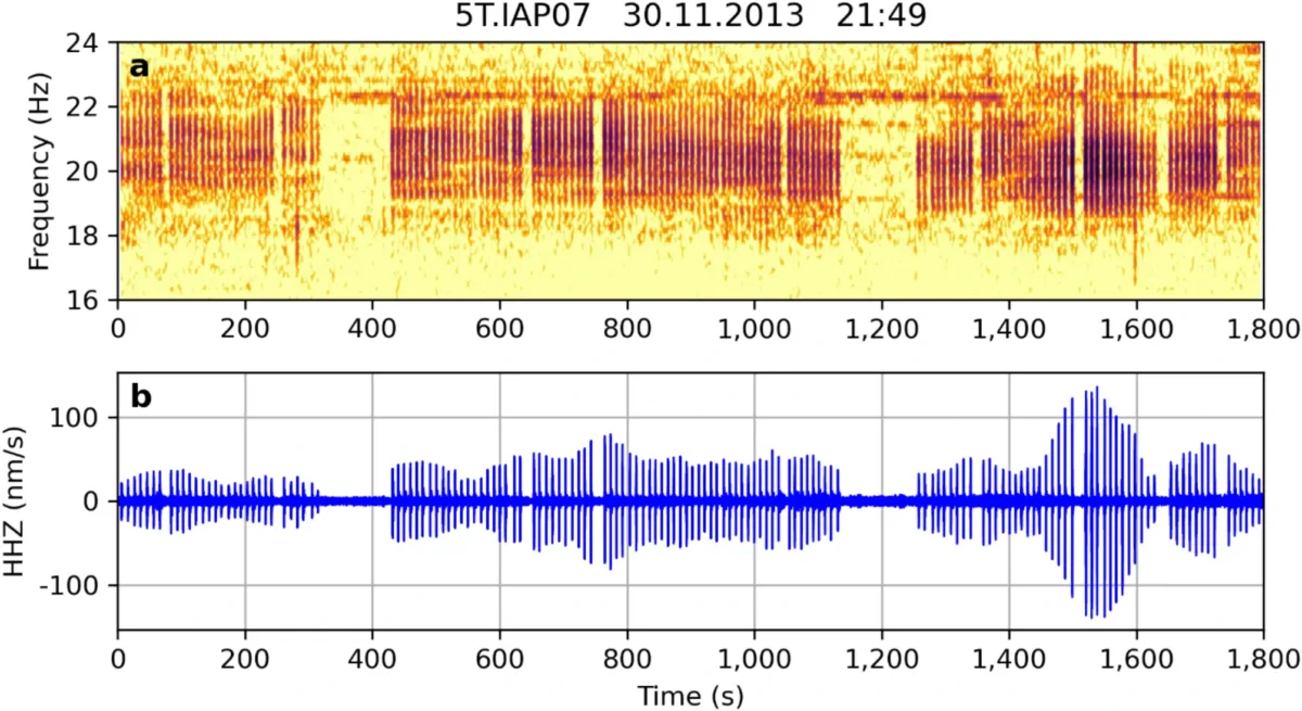 A scientific figure showing fin whale call on terrestrial seismic data. The top panel is a spectrogram in a yellow-red color scheme, and the bottom panel is a time-series where the fin whale call signal is in blue.