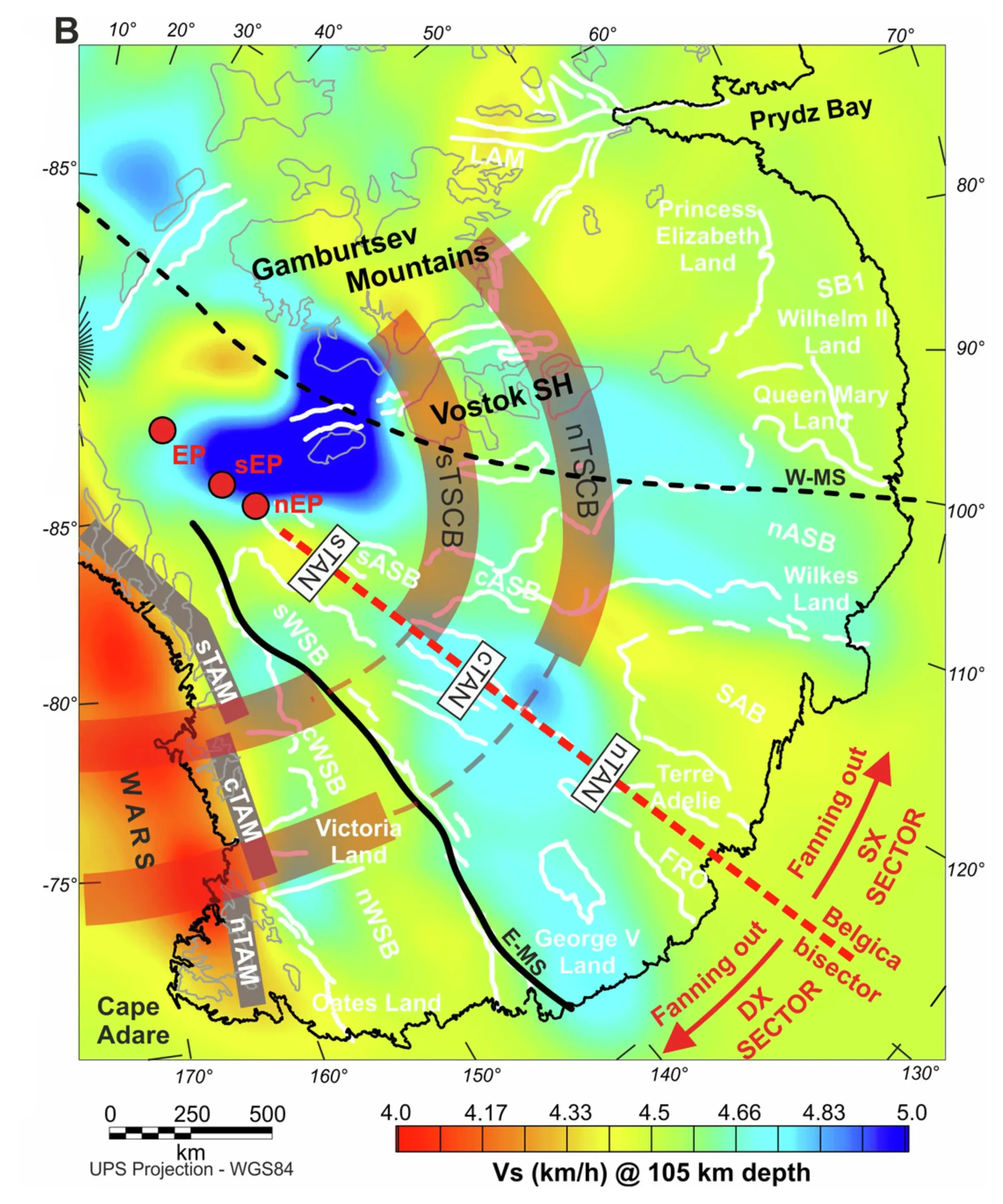 Map of East Antarctica highlighting some of the radial structure patterns.