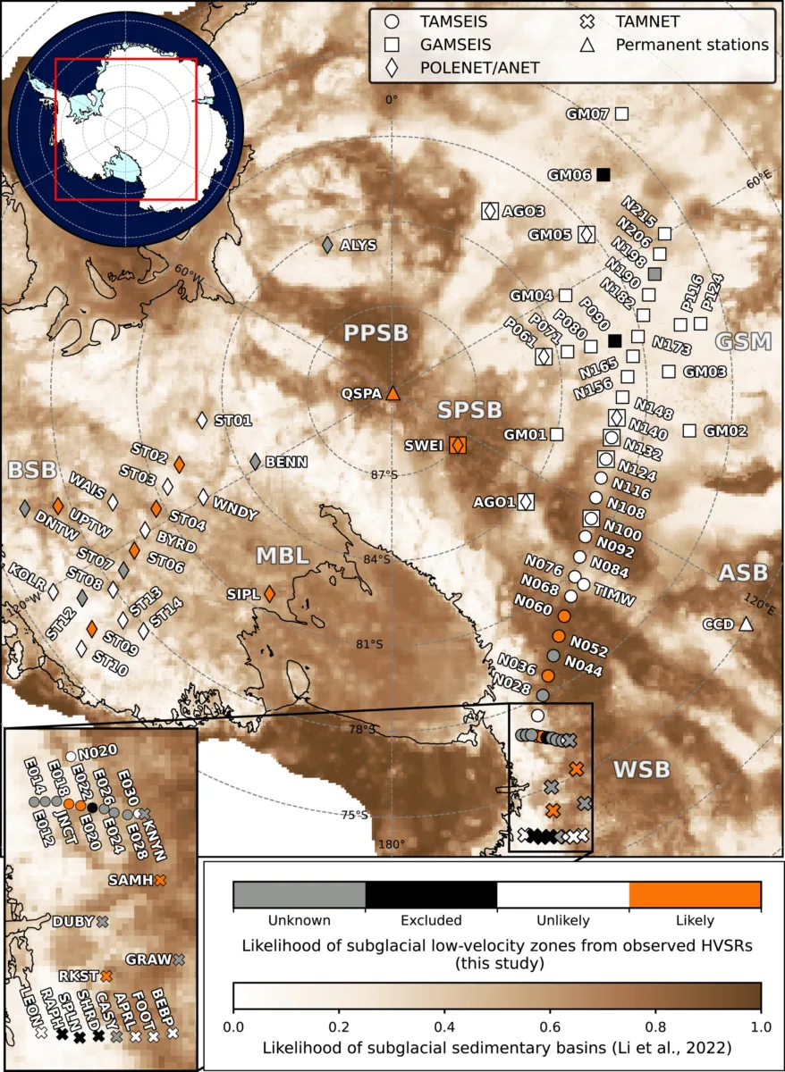 A paper figure showing locations of seismic stations used in the study, with the symbols color-coded orange (if deemed "likely" to sit above an interface zone), white (if "unlikely"), or grey (if "unknown"). Stations excluded from the study have black symbols. The background map is colored white-to-brown, with increasing brown color signifying a higher likelihood of a major sedimentary basin.