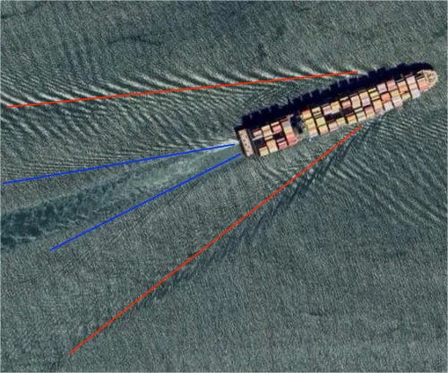 A top-down view of a cargo ship in the ocean. The ship's movement creates two different sets of waves, one marked with red lines and the other marked with blue lines.