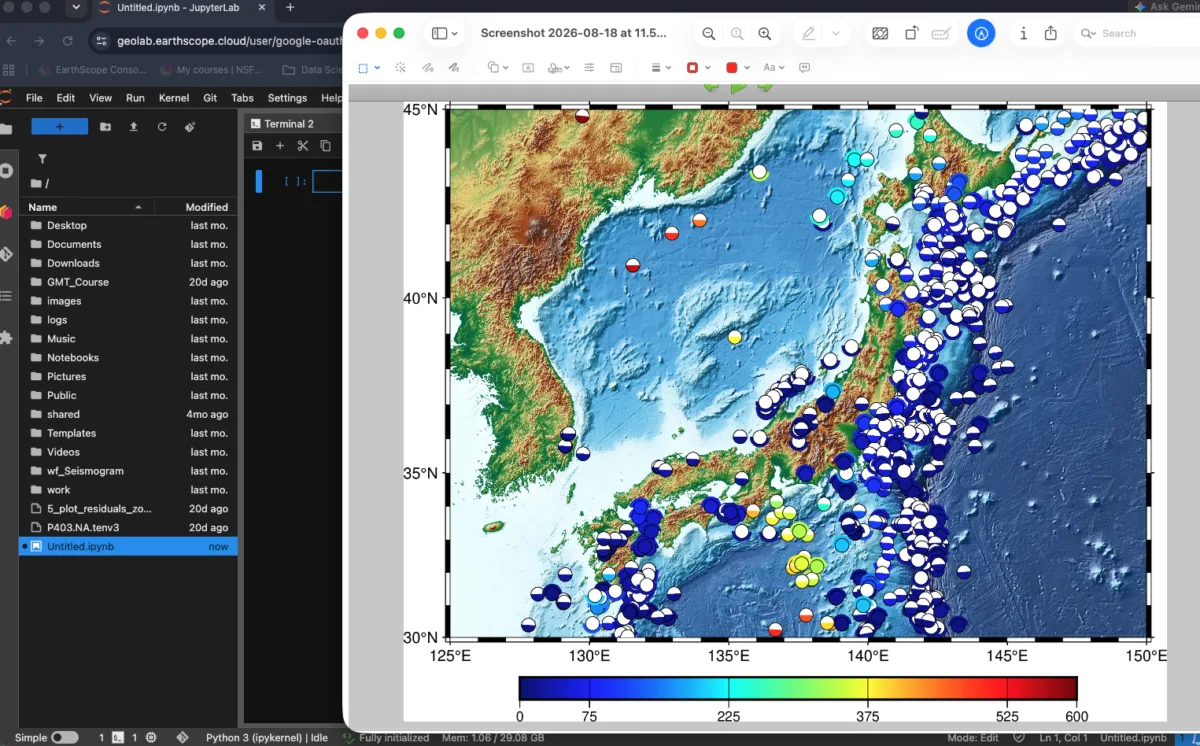 GMT map of Japan with earthquakes plotted as circles colored by depth, with blue being shallow and red being deeper.