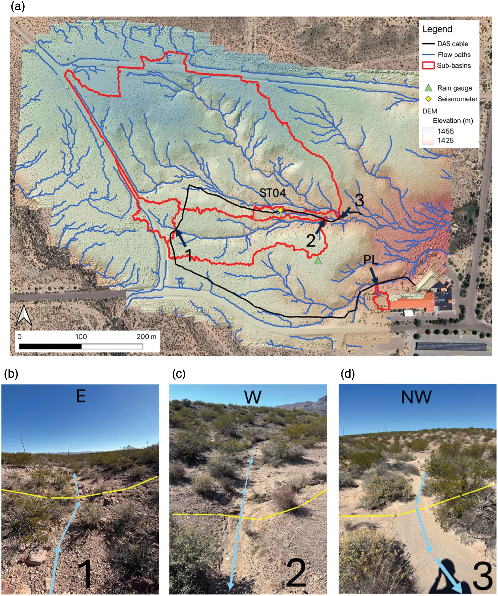 Map of the cable path over drainage channels, with three photos of the buried cable pathway.