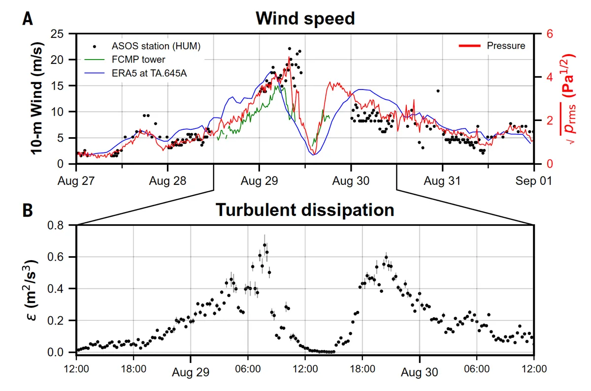 Two panel plot showing 10-meter wind speed and turbulent dissipation inferred from seismoacoustic data collected in this study. The top panel shows calculated 10-meter windspeed as a red line over the duration of the hurricane, with 10-m wind (m/s) on the y-axis and date along the x-axis. The data is compared to other measures and estimates for the event and aligns well with the trend of the data, which shows increased wind speed in the eyewall and a decrease in the eye. The bottom panel computes turbulent dissipation as discrete values across August 29 and 30, which correspond to the passage of the eyewall and eye near the station. The trend of the data follows the same as the wind speed during this time, with a distinct dip in values indicating presence of the eye.