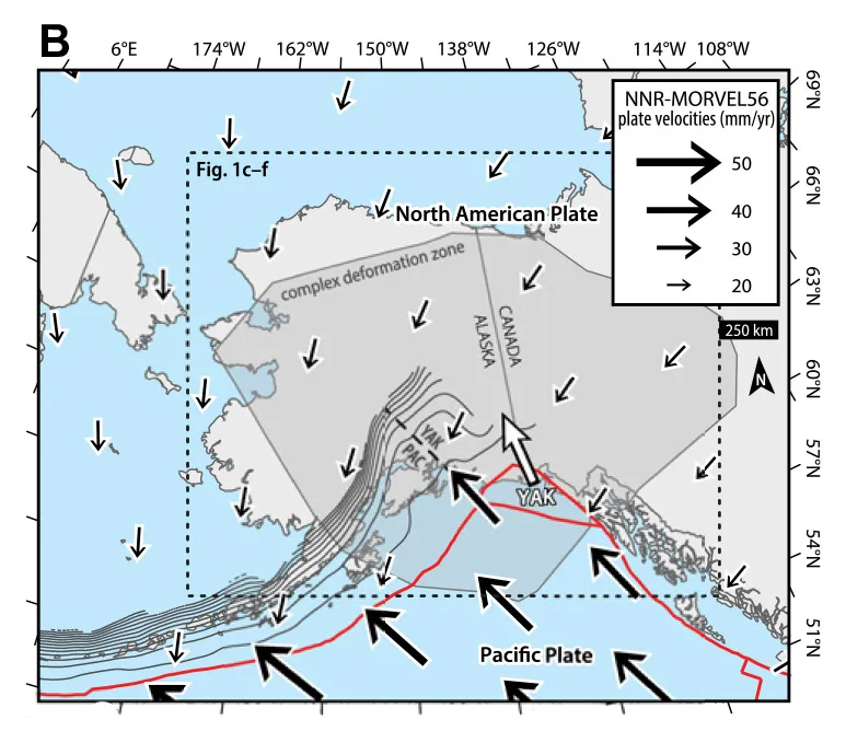 Map of Alaska showing plate motion directions.