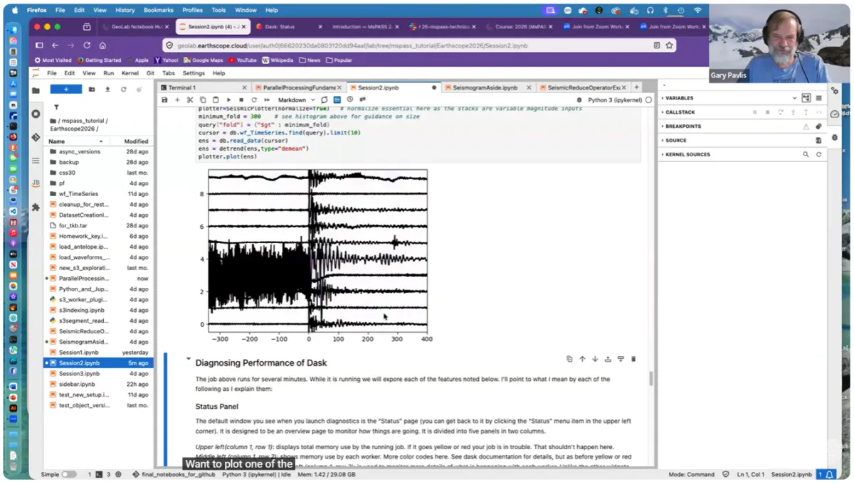 Screenshot of Zoom call, with Gary Pavlis showing an open Jupyter notebook.