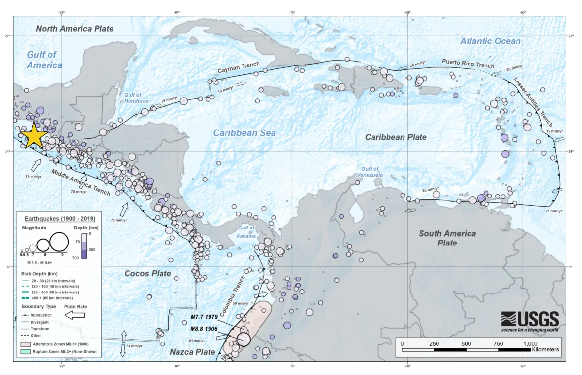Map of tectonic plate boundaries and earthquakes around Central America.