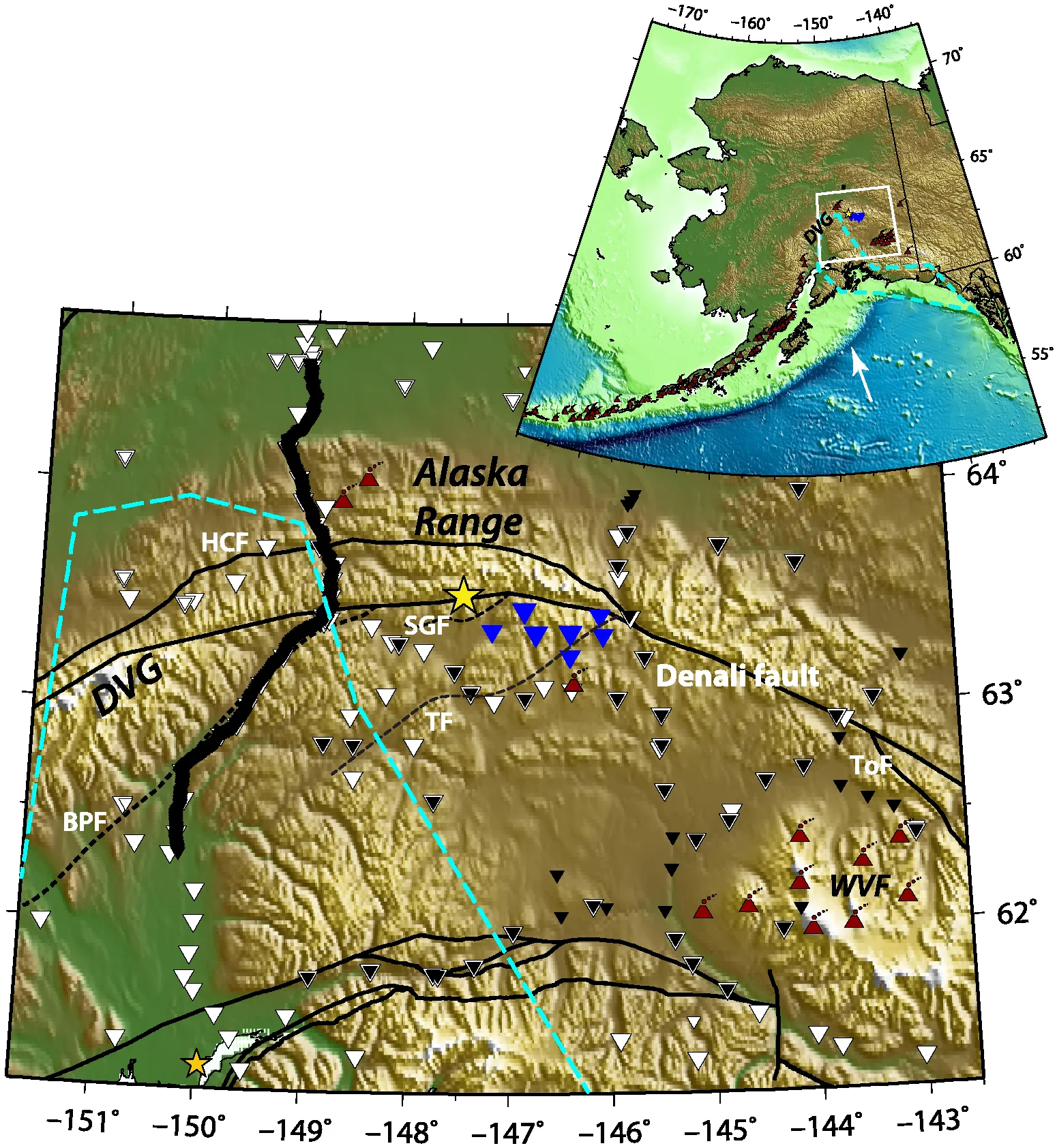 Map of the area of Alaska, with faults and seismic stations.