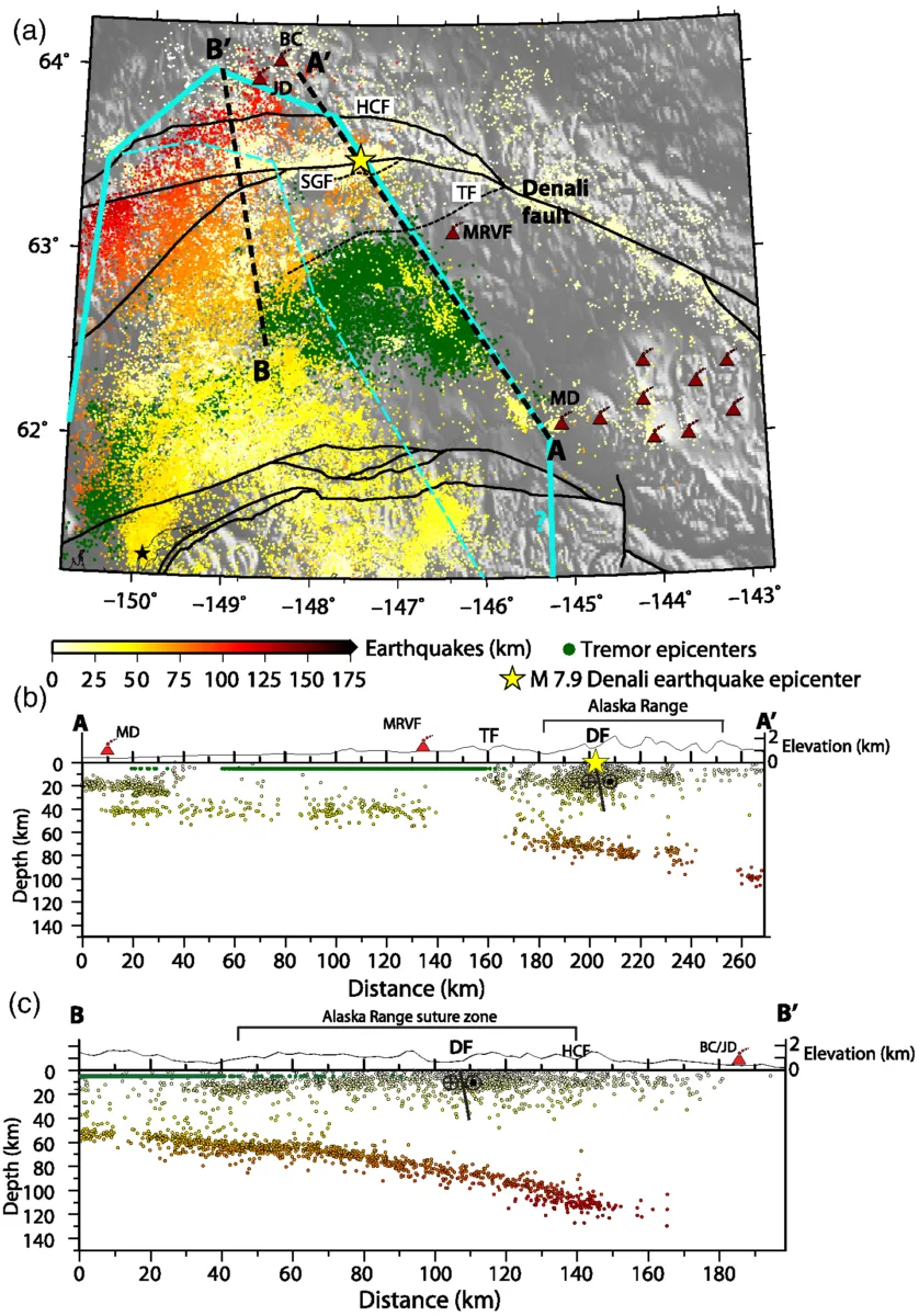 Map and cross sections showing earthquake locations.