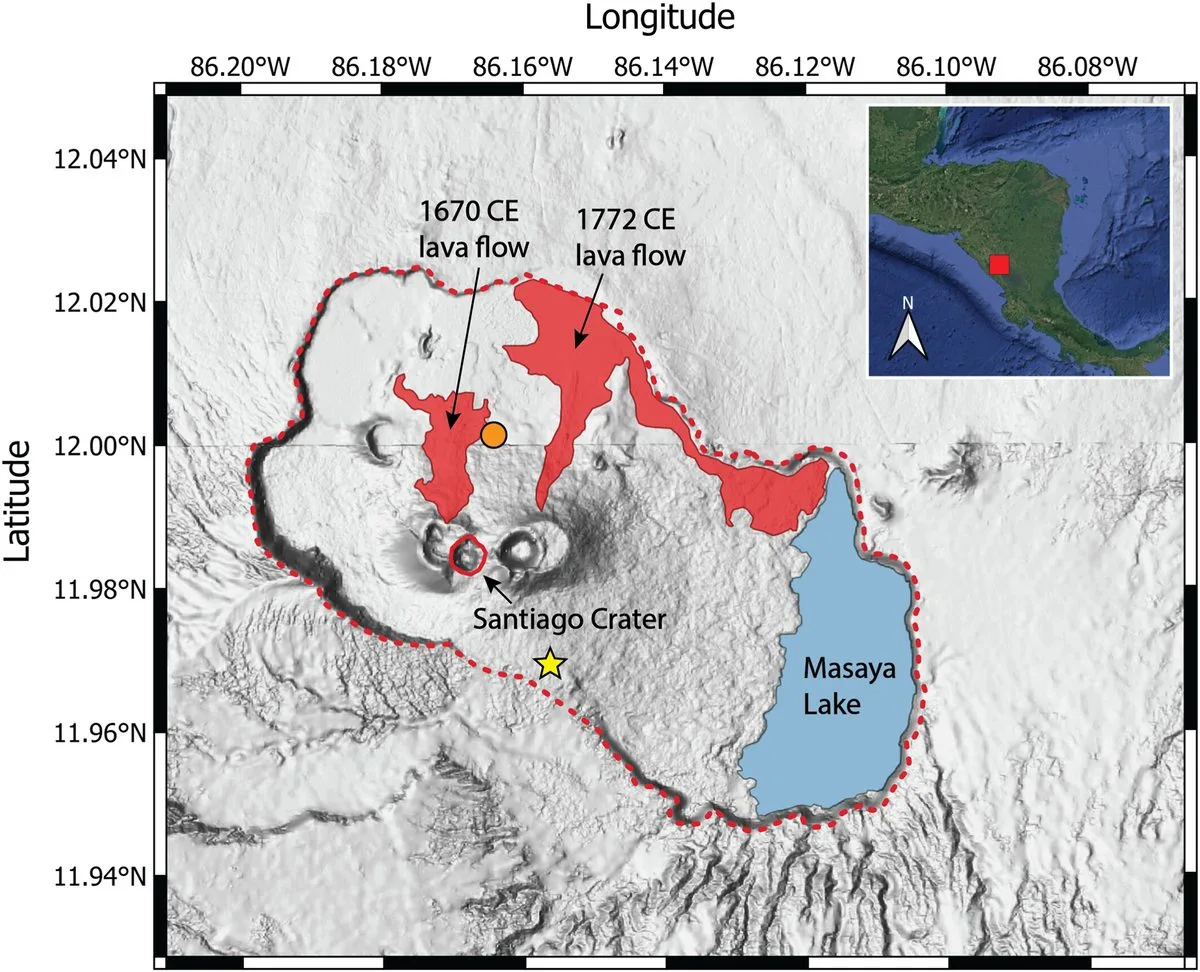 A map showing the location of Masaya in Central America and the landscape of the caldera complex.